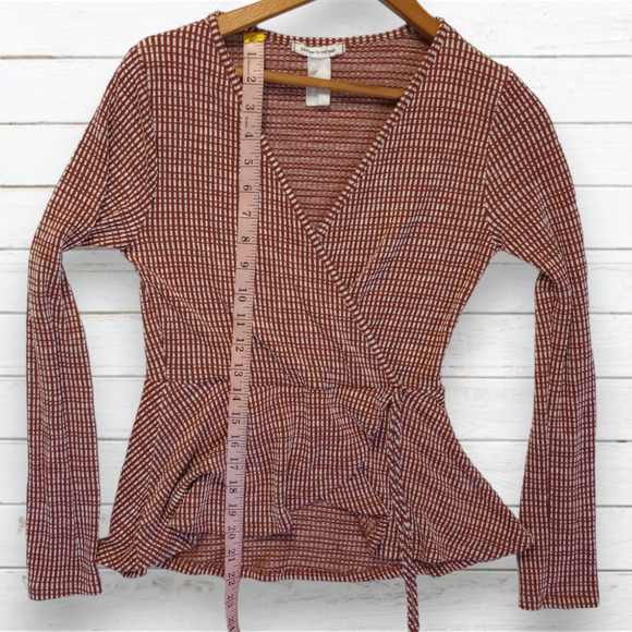 CAUTION To The Wind Burnt Orange‎ White Long Sleeve Cross Over VNeck Blouse M - Picture 6 of 8